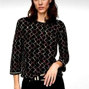 Zara Black Multicolor Boucle Knit Sweater Pearl Sleeves Tweed Holiday Size Small